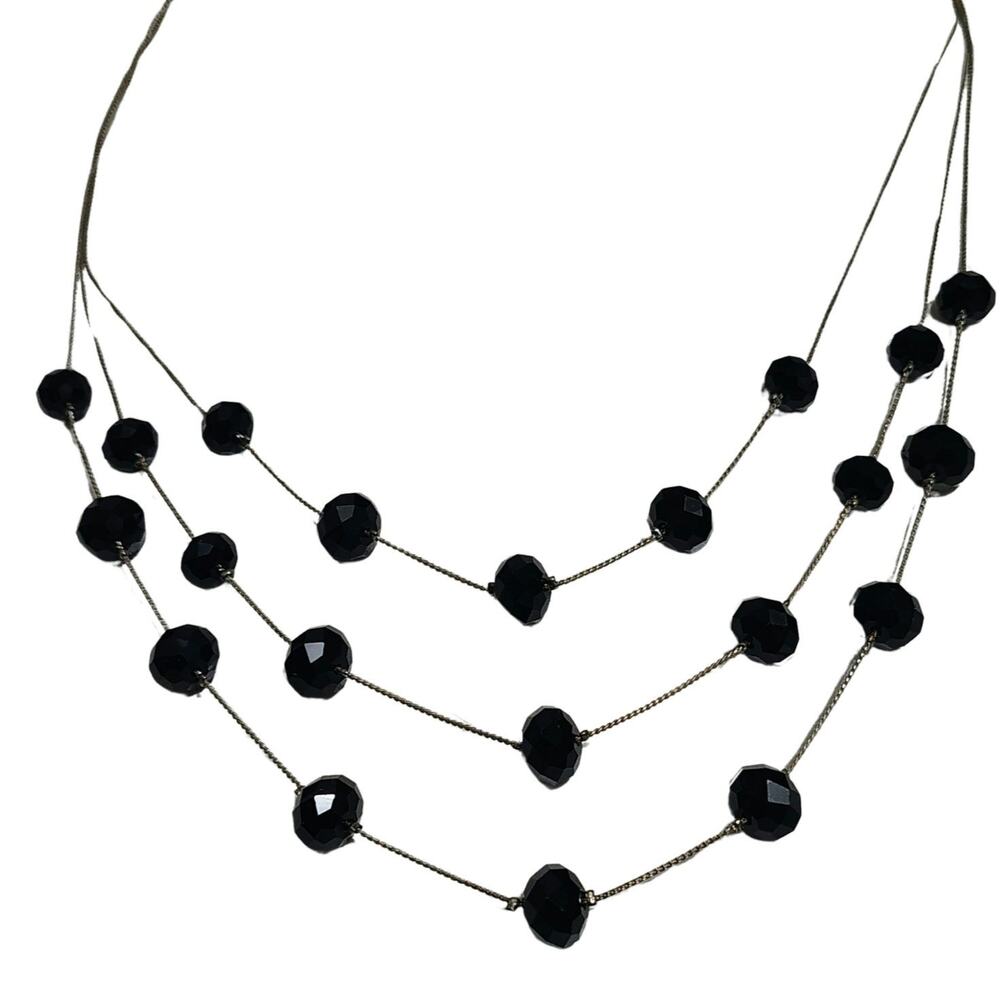 Black Glass Layered Floating Beads Vintage Necklace Silver Tone Mini Chain Link